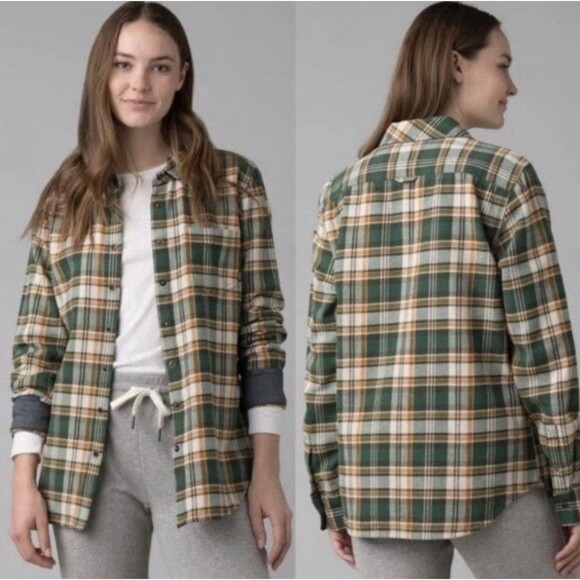 prAna Golden Canyon Flannel Small Womens Plaid Snap Button Shirt Oversized NWT - Picture 1 of 14